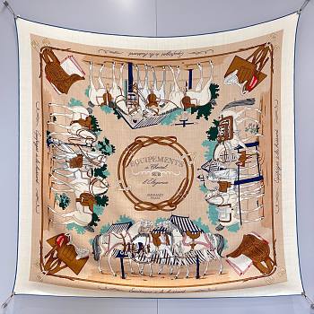 Hermes Equipements a Cheval Sur l'Elegance Scarf 70 Beige Doré/Crème/Vert - 66x66cm