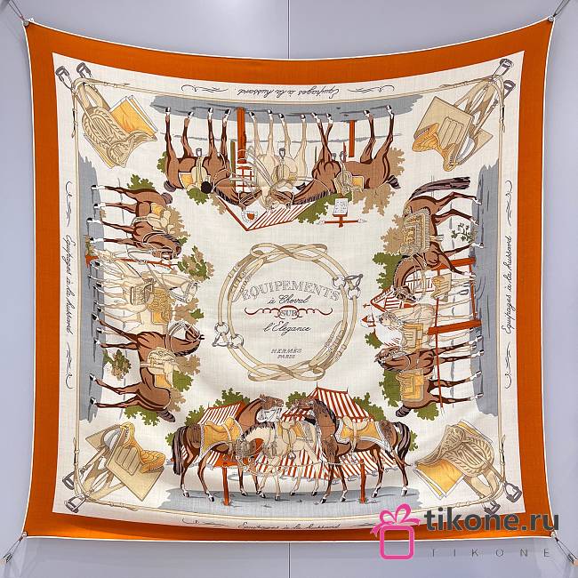 Hermes Equipements a Cheval Sur l'Elegance Scarf 70 Orange Cuit/Mastic/Bouton D'or - 66x66cm - 1