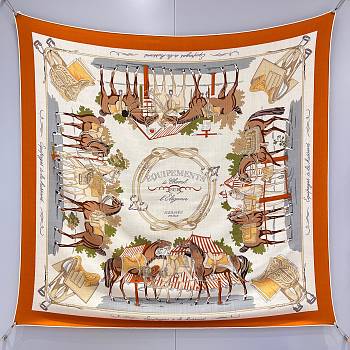 Hermes Equipements a Cheval Sur l'Elegance Scarf 70 Orange Cuit/Mastic/Bouton D'or - 66x66cm