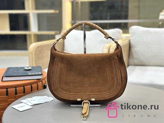 Chloe Marcie Shoulder Bag in Suede Leather Brown - 37x25x9.5cm - 1