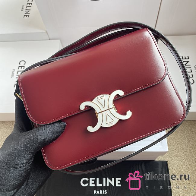 Celine Teen Triomphe Bag In Shiny Calfskin With Enamel Closure Syrah/White Cotton - 18.5x13.5x7cm - 1