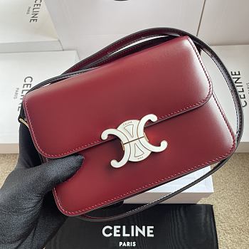 Celine Teen Triomphe Bag In Shiny Calfskin With Enamel Closure Syrah/White Cotton - 18.5x13.5x7cm