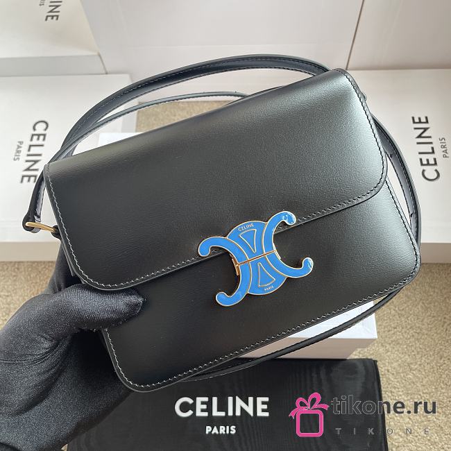 Celine Teen Triomphe Bag In Shiny Calfskin With Enamel Closure Black/Ultra Blue - 18.5x13.5x7cm - 1
