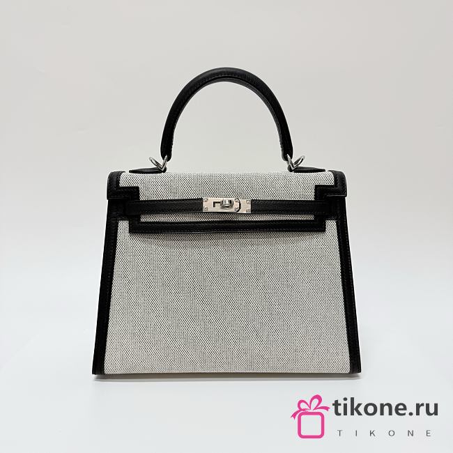 Hermes Kelly 25 Canvas Silver Hardware Natural/Black - 25x17x7cm - 1