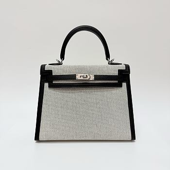 Hermes Kelly 25 Canvas Silver Hardware Natural/Black - 25x17x7cm