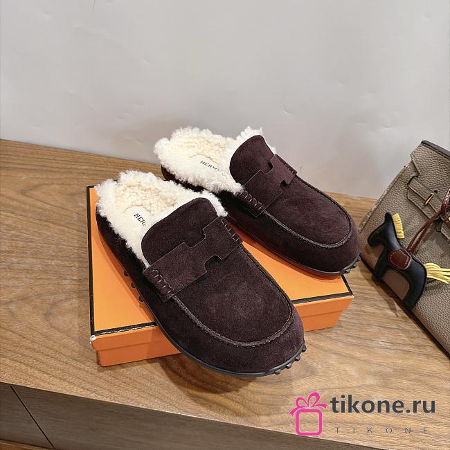 Hermes Mix Mule Suede and Shearling Marron Ébène/Écru - 1