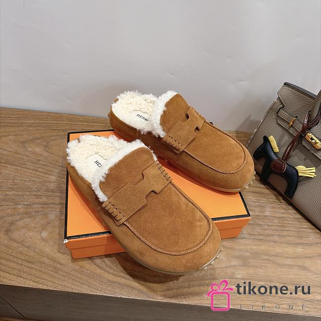 Hermes Mix Mule Suede and Shearling Gold/Écru - 1