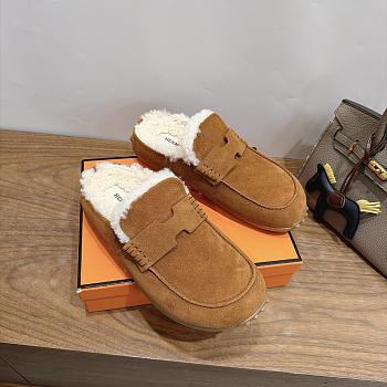 Hermes Mix Mule Suede and Shearling Gold/Écru