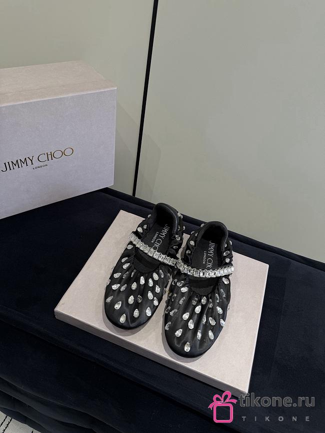 Jimmy Choo Jade Ballerina Black Satin with Crystal - 1