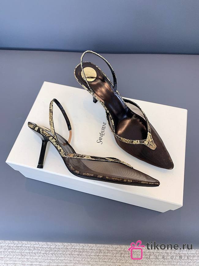 YSL Folie Slingback Pumps In Mesh And Python In Brown 75mm - 1