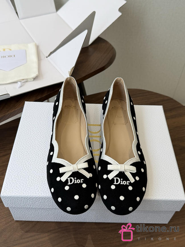 Dior Romance Ballet Flat Black Cotton Embroidered with White PolkaDior Motif - 1