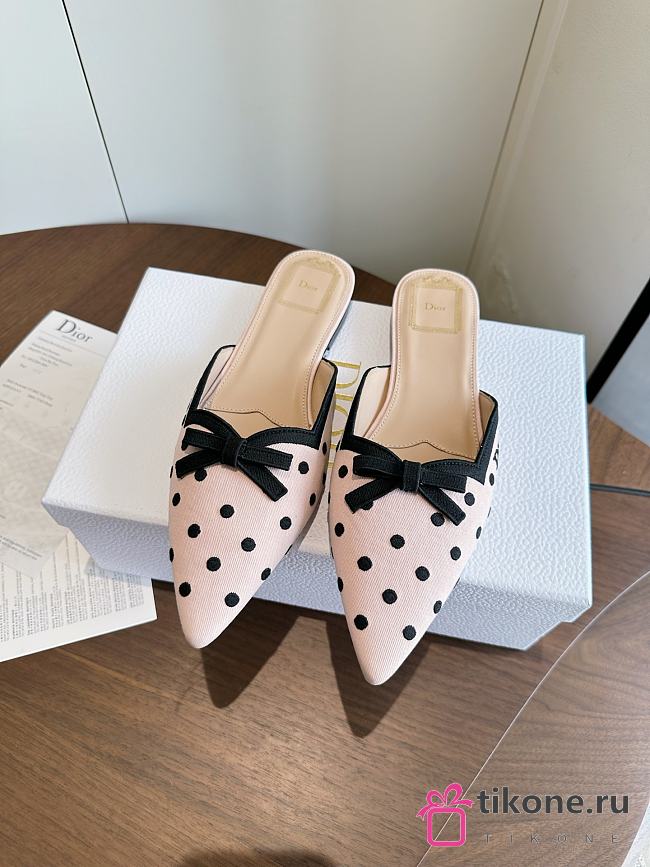 Dior Romance Mule Pink Cotton Embroidered with Black PolkaDior Motif - 1