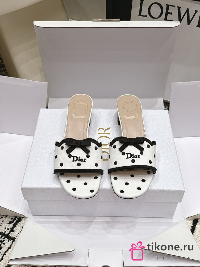 Dway Heeled Slide White Cotton Embroidered with Black PolkaDior Motif 3.5cm  - 1