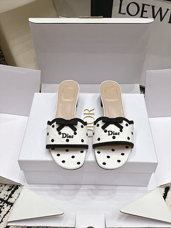Dway Heeled Slide White Cotton Embroidered with Black PolkaDior Motif 3.5cm 
