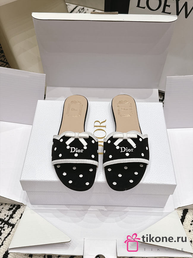 Dway Slide Black Cotton Embroidered with White PolkaDior Motif - 1