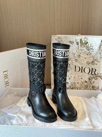 D-Major Boot Black and White Cannage Tweed and Black Calfskin