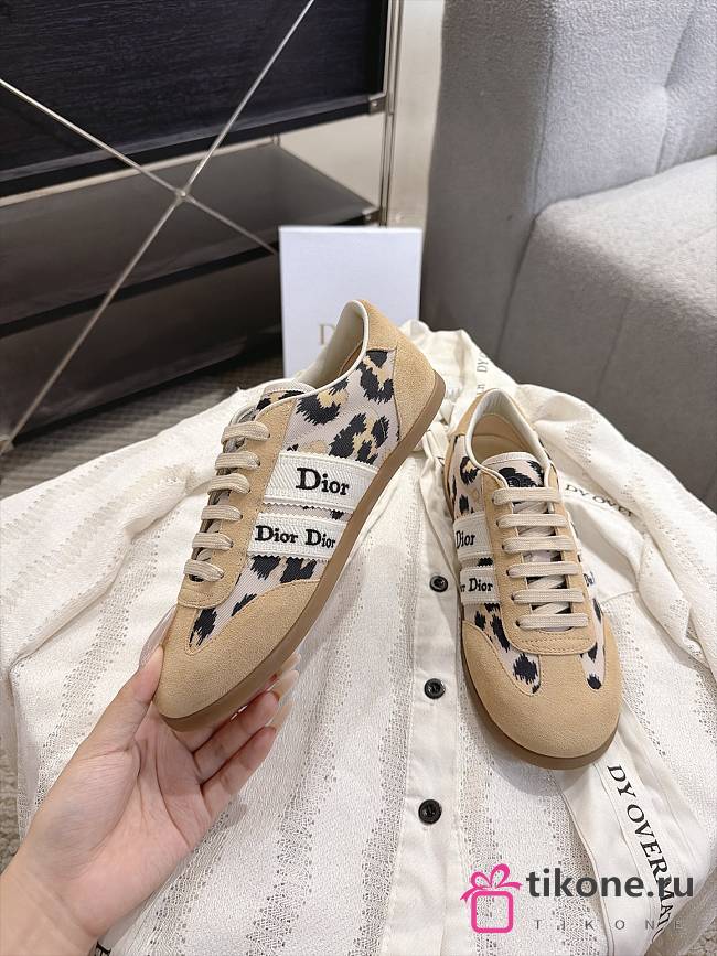 Dior Ribbon Sneaker Beige Suede Calfskin and Natural Mizza Printed Fabric - 1