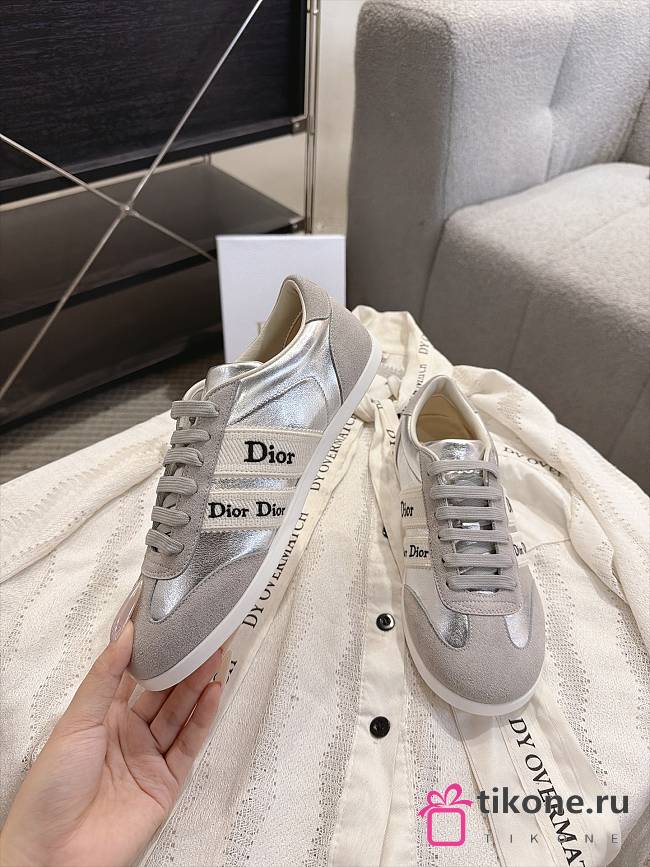Dior Ribbon Sneaker Gray Suede Calfskin and Silver-Tone Crinkled Laminated Lambskin - 1