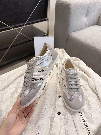Dior Ribbon Sneaker Gray Suede Calfskin and Silver-Tone Crinkled Laminated Lambskin