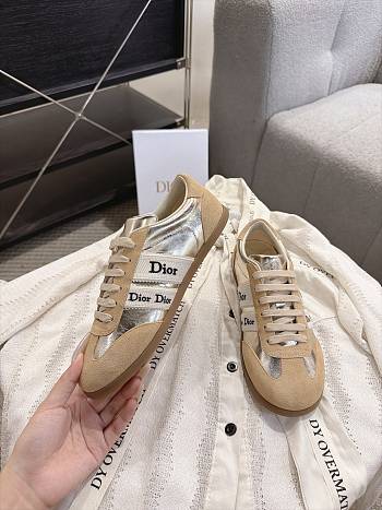 Dior Ribbon Sneaker Beige Suede Calfskin and Gold-Tone Crinkled Laminated Lambskin