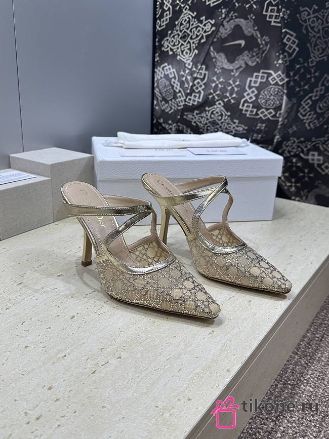 Dior Or Dior Capture Heeled Mule Transparent Mesh with Strass Cannage Motif and Gold-Tone Laminated Lambskin 10cm - 1