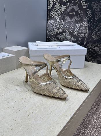 Dior Or Dior Capture Heeled Mule Transparent Mesh with Strass Cannage Motif and Gold-Tone Laminated Lambskin 10cm