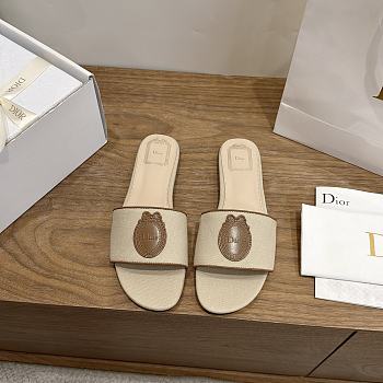 Dioriviera Dior Médaillon Slide Natural Embroidered Cotton and Cognac Brown Calfskin