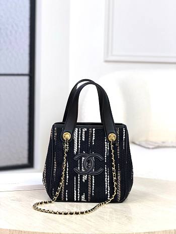 Chanel Mini Tote Canvas & Gold-Tone Metal Black, White & Gray AS6199 - 20.5x21x15cm