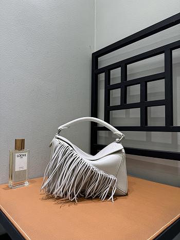 Loewe Fringe Small Puzzle Bag in Classic Calfskin Soft White/Light Ghost - 24x16.5x10.5cm