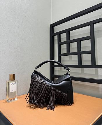Loewe Fringe Small Puzzle Bag in Classic Calfskin Black/Dark Chestnut - 24x16.5x10.5cm