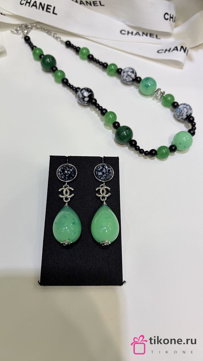 Chanel Pendant Earrings Metal & Glass Pearls Silvery, Black & Green ABH670 - 1