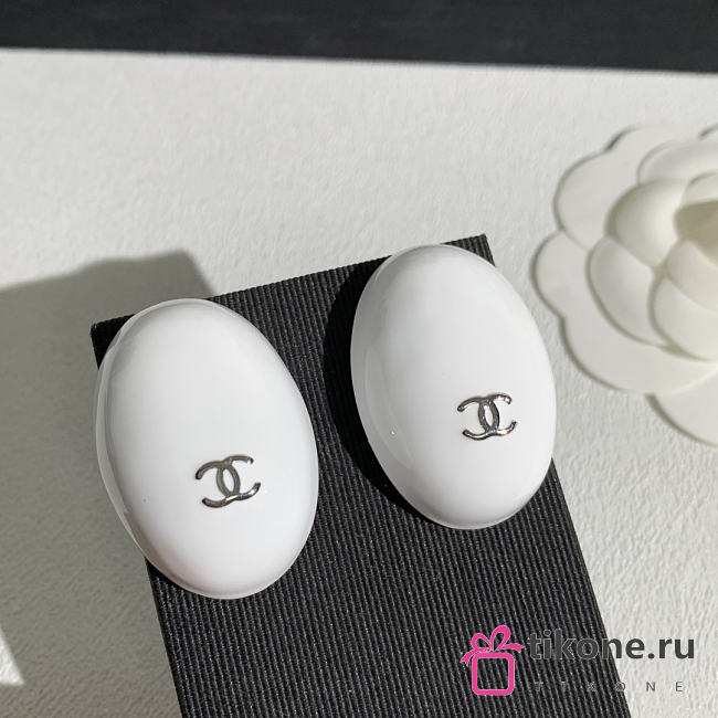 Chanel Stud Earrings Metal & Resin Silver & White ABI001 - 1