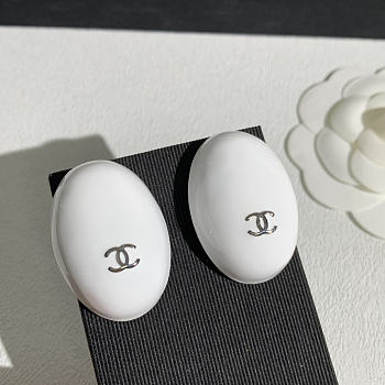 Chanel Stud Earrings Metal & Resin Silver & White ABI001