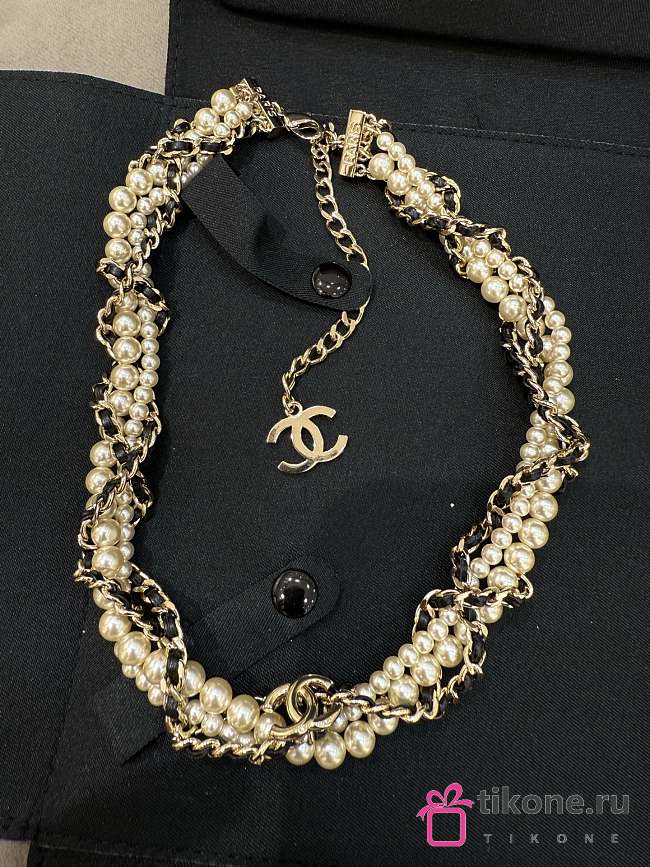 Chanel Pearl Lambskin Chain CC Necklace Gold Black - 1