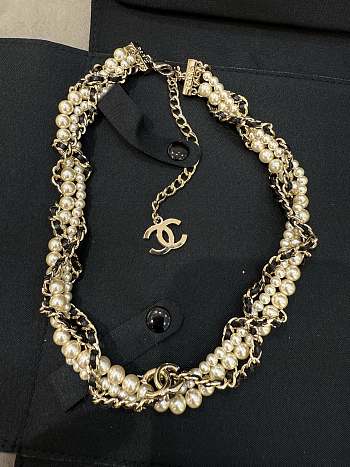 Chanel Pearl Lambskin Chain CC Necklace Gold Black