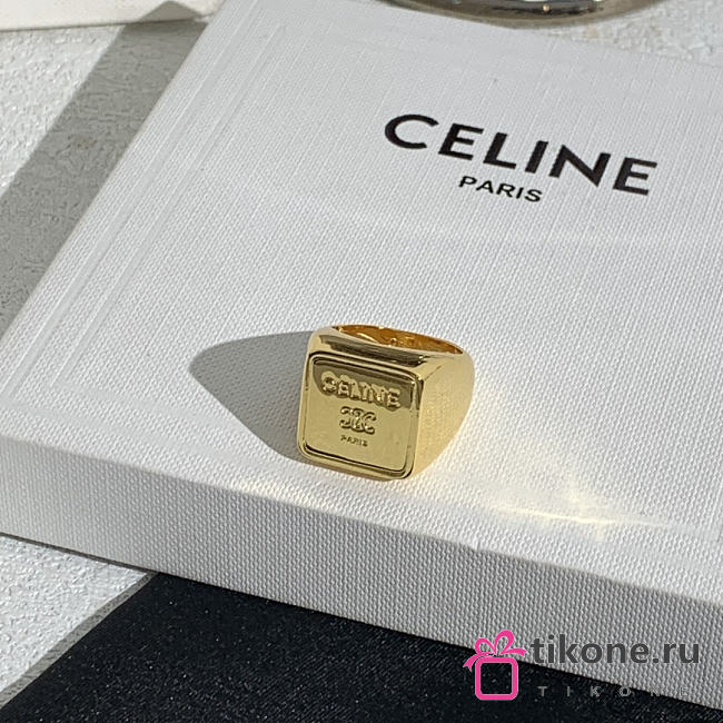 Celine Triomphe Square Signet Ring in Brass with Gold Finish - 1