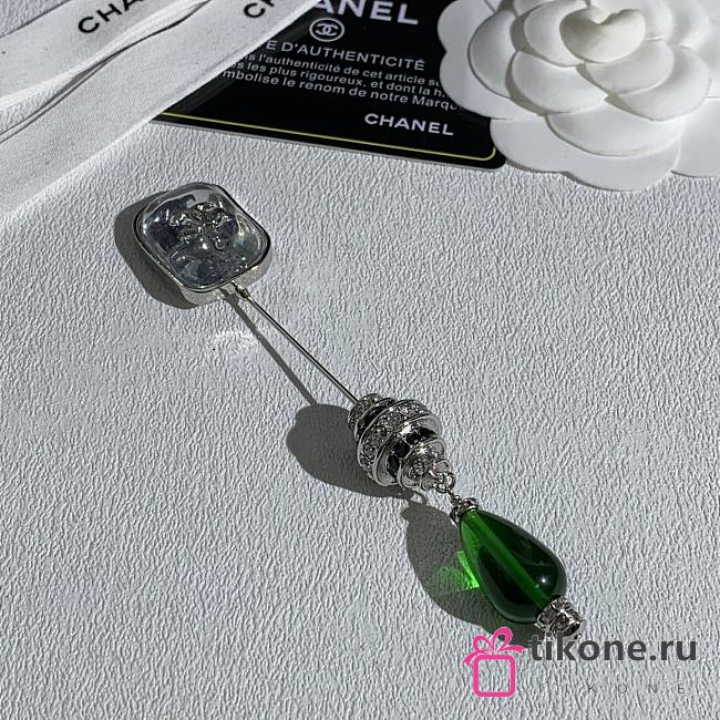 Celine Brooch Metal, Glass & Diamanté Silvery, Transparent, Green & Crystal ABH853 - 1