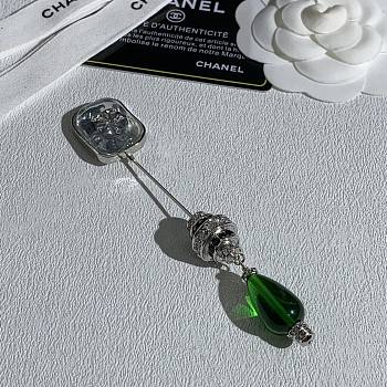 Celine Brooch Metal, Glass & Diamanté Silvery, Transparent, Green & Crystal ABH853