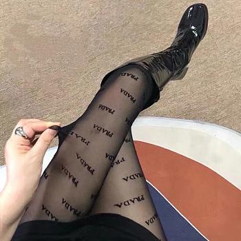 Prada Inspired Velvet Logo Tights Black 