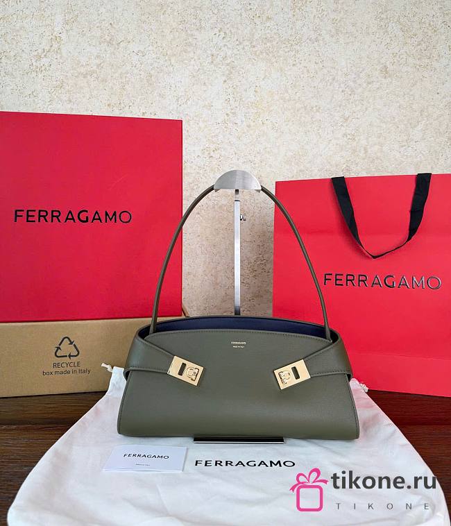 Ferragamo Hug East-West Shoulder Bag Olive Green/Navy Blue - 32x14.5x9.5cm - 1