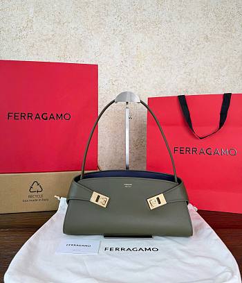 Ferragamo Hug East-West Shoulder Bag Olive Green/Navy Blue - 32x14.5x9.5cm