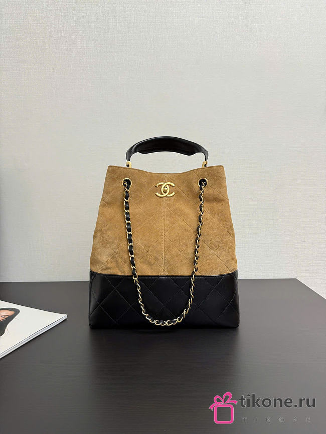 Chanel Hobo Bag Suede Calfskin Shiny Lambskin Gold-Tone Metal Beige & Black - 31x28x12cm - 1