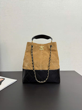 Chanel Hobo Bag Suede Calfskin Shiny Lambskin Gold-Tone Metal Beige & Black - 31x28x12cm