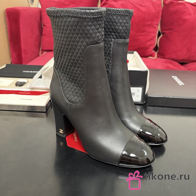 Chanel Short Boots Stretch Lambskin, Lambskin & Patent Calfskin Black 85mm G47359 - 1