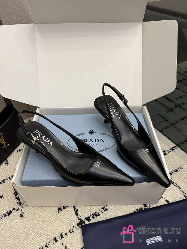 Prada Brushed Leather Slingback Pumps Black 1I659O 55mm - 1