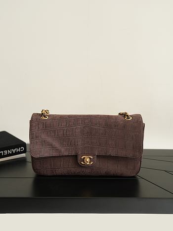 Chanel Maxi Flap Bag Suede Crocodile Calfskin & Gold-Tone Metal Dark Brown AS6627 - 32x19.5x10cm