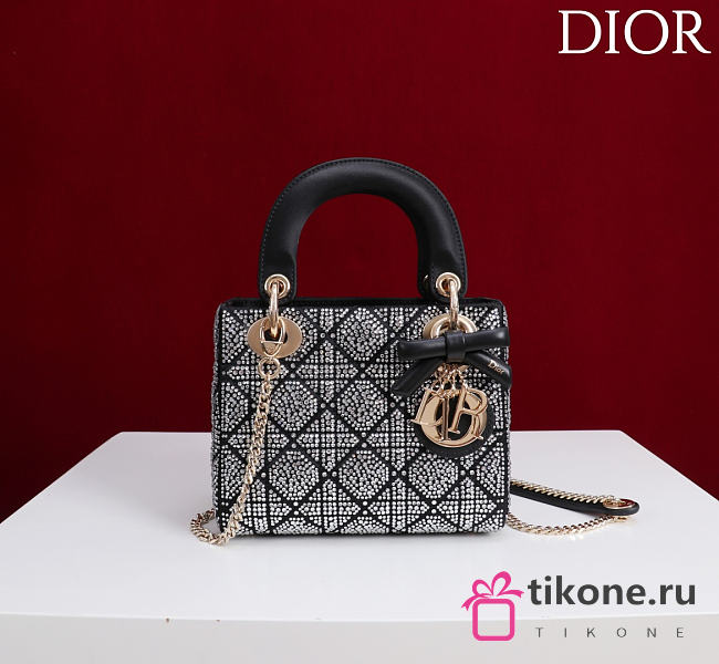 Mini Lady Dior Bag with Chain Black Cannage Satin and Strass - 18x15x7cm - 1