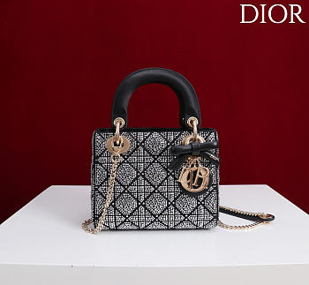Mini Lady Dior Bag with Chain Black Cannage Satin and Strass - 18x15x7cm