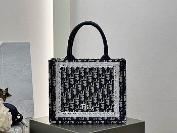 Small Dior Book Tote with Strap Blue Dior Oblique Embroidery and White Lace - 26.5x22x14cm