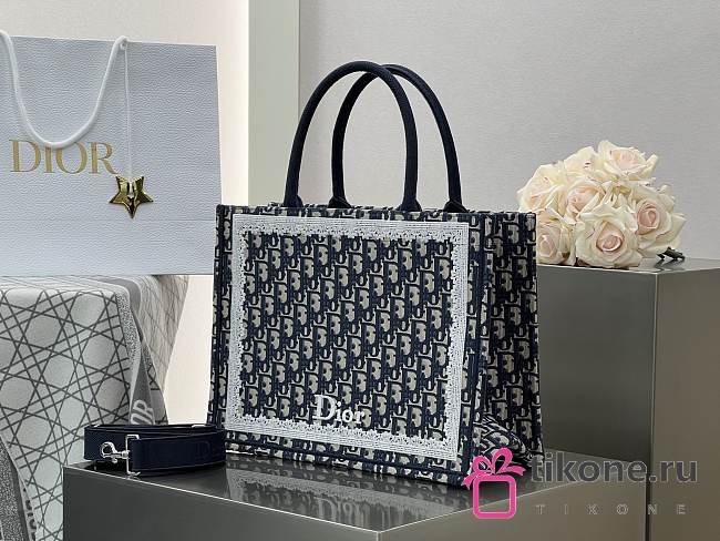 Medium Dior Book Tote with Strap Blue Dior Oblique Embroidery and White Lace - 36x27.5x16.5cm - 1